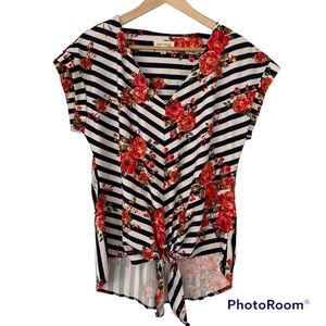 FAITH & JOY BY MONTEAU NAVY/WHITE STRIPED WITH RED FLORAL VNECK TIE TOP, MED